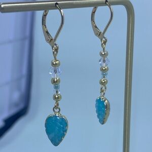 Elegant Gold and Sea Green and Crystal Dangle Earrings